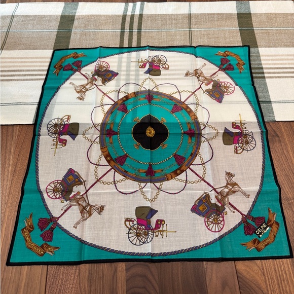 Celine Teal and Cream Handkerchief/Scarf with Equestrian Motif (18" x 18") - Picture 1 of 5